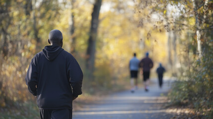 Obraz premium Aging black african american man, walking on a walking trail, exercise outdoors, some other people in background. Elderly black man in good health, walking or jogging outdoors. Senior, elderly black m