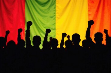 Silhouettes of people raising their hands in fists against the background of a rainbow flag. Protest concept.