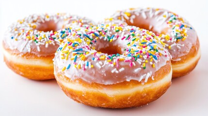 Glazed donuts with sprinkles, bakery treat, sweet food, close-up shot, white background