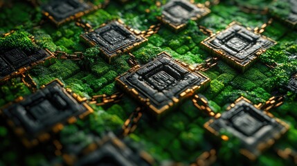 Obraz premium Exploring Bio-Integrated Circuitry: A Futuristic Network of Microchips Embedded in Lush Greenery, Showcasing Sustainable Technology and Green Computing Solutions.