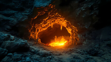 Dark and mysterious cave entrance with stalactites and glowing lava is nestled in a rocky mountainside. subterranean. illustration. Lava Caves. Illustration