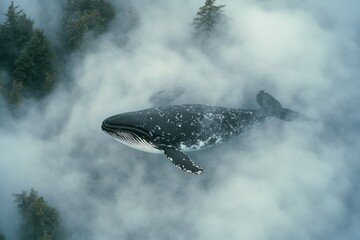 Fototapeta premium Surreal Whale Floating Through Misty Forest Landscape