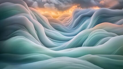 Fototapeta premium Abstract Dreamlike Landscape- Serene Teal and Gray Waves Under a Cloudy Sunset Sky