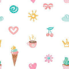 Seamless watercolor pattern with cute rainbow, butterflies, and flowers. Illustration for children's wallpaper or nursery textile design. Retro cartoon ornament for kids' bedding or wrapping paper.