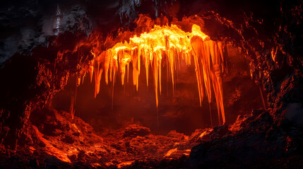 Formation of lava stalactites and stalagmites in underground lava caves, lava, stalactites, stalagmites, formation, caves. Lava Caves. Illustration