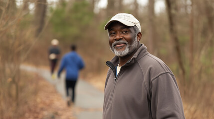 Aging black african american man, walking on a walking trail, exercise outdoors, some other people in background. Elderly black man in good health, walking or jogging outdoors. Senior, elderly black m