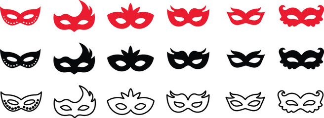 Different Mask silhouette isolated on transparent background Masquerade vector for apps or web party superhero carnival villain or burglar icon in flat, line set. costume eye mask hidden person face