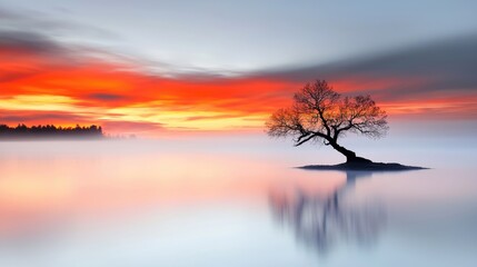 Fototapeta premium Solitary tree at sunrise, misty lake, peaceful dawn, nature scene, serene landscape, ideal for calming backgrounds