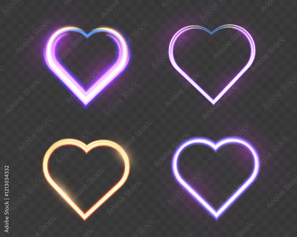 Poster Glowing heart shapes with sparkles and light effects on dark transparent background. Designs include fiery, golden, and neon elements suitable for romantic or festive themes.
