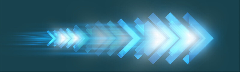 Obraz premium Light and speed dynamic glowing arrow on dark background, futuristic design with vibrant colors and motion effects, suitable for technology, progress, or direction concepts. 