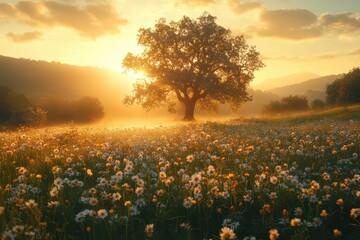 ethereal spring meadow with softfocus wildflowers morning mist catching golden sunlight through swaying tree branches