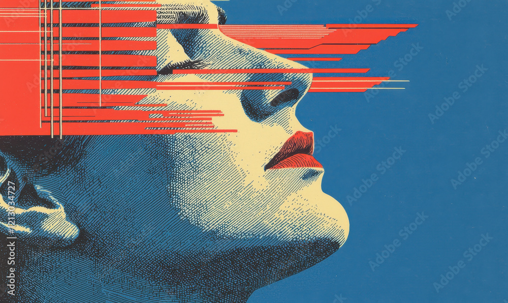 Poster dynamic abstract portrait with linear patterns in bold colors reflecting modern graphic design and a