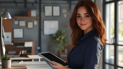 Fototapeta premium cheerful woman with chestnut brown hair, wearing a navy blue blouse, standing beside her desk with a tablet in hand. 