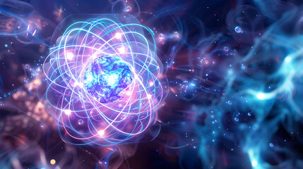 Intricate Artistic Representation of an Atomic Nucleus Highlighting Electron Orbits and Nuclear Particles