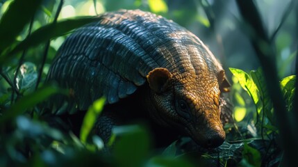 A close-up of an armadillo in its natural habitat, surrounded by lush green foliage and illuminated by sunlight