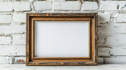A vintage wooden picture frame with an empty center, leaning against a softly blurred white brick wall, leaving negative space for customizable design