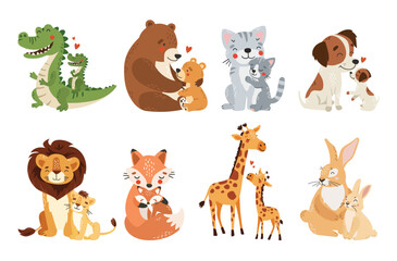 Mom and baby animals collection, mother day, cute animals set vector