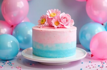 Blue-pink cake for a gender party on a round tray against a background of balloons.