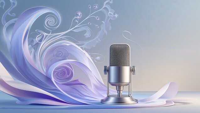 Silver retro microphone with lavender flowing swirl design ethereal background podcasting