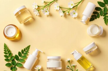 Composition of various bottles with skin care products on a yellow background with green branches and a place for an inscription.