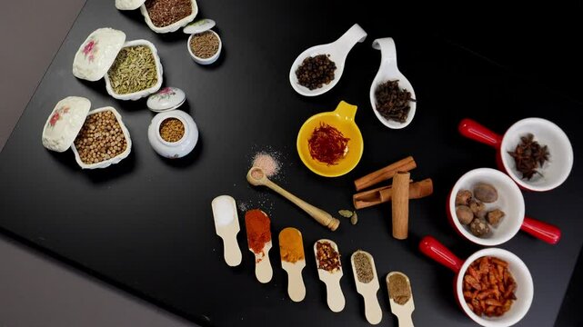 All kitchen spices in black background
