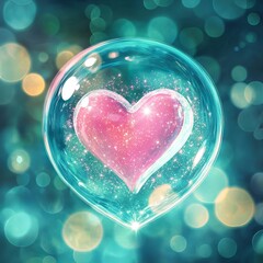 Obraz premium Romantic Pink Heart Inside a Sparkling Teal Bubble, Love and Emotions Concept with Soft Glowing Lights and Delicate Details