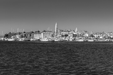 Izola, Slovenia: Old fishing town in southwestern Slovenia on the Adriatic coast of the Istrian peninsula in the Mediterranean Sea in black and white