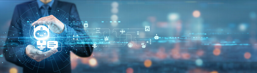 Businessman holding chatbot platforms, innovations, integrations, technologies, interfaces, assistants, solutions, networks, processes, strategies, developments, and tools.