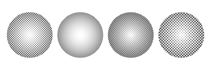 Set of halftone circles in black and white. Abstract dotted fading circle set. Monochrome circles with concentric dot pattern. Great for comics, web design, branding elements
