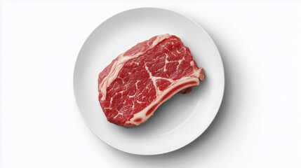 Plate of raw beef on surface. Raw, steak, white, plate meat, piece, background. White piece of meat on white background. A plate of steaks with meat on it, with a white background and a it. Lifestyle.