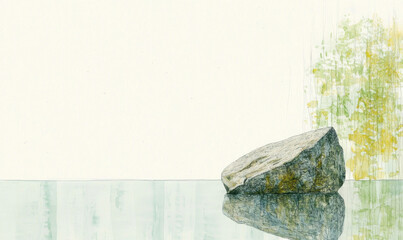 Serene Environmental Art: A Minimalistic Reflection of a Stone on Calming Waters with Subtle Green and Yellow Hues