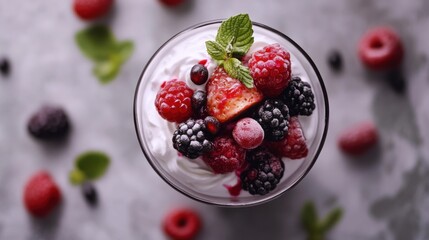 A vegan dessert with berries, featuring a mixed berry parfait with coconut cream, showcasing the simplicity and elegance of vegan desserts