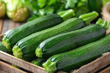 A single zucchini rests centrally on a white background, showcasing its vibrant green skin and fresh appearance, ideal for salads or cooking in various dishes.