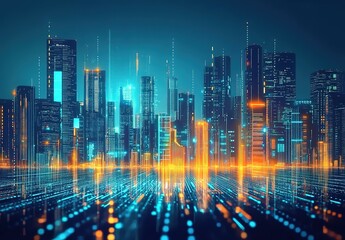 Digital cityscape with glowing data streams and futuristic buildings at night, symbolizing the power of big data in digital marketing.