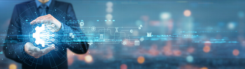 Businessman holding Digitization as a strategic tool to enhance operational efficiency and drive...
