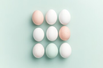 vibrant arrangement of pastel eggs on light green background in grid pattern showcasing simplicity and freshness
