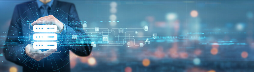 Businessman holding hosting services, platform solutions, cloud infrastructure, web management,...