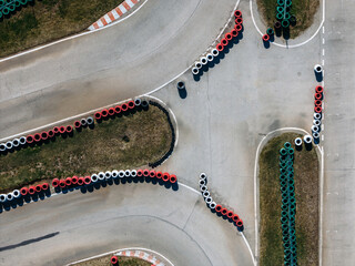 Motorcar racing track layout showcasing curves and tire barriers from an aerial perspective