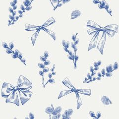 Materiał do szycia Easter Seamless pattern with branches willows and bows. Blue beige. Hand drawn illustration. Holiday background for design packaging, textile, wrapping paper, wallpaper, decor