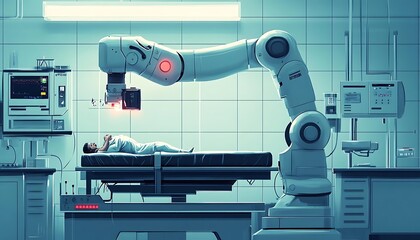Robotic arm performing medical procedure on patient in futuristic hospital room.