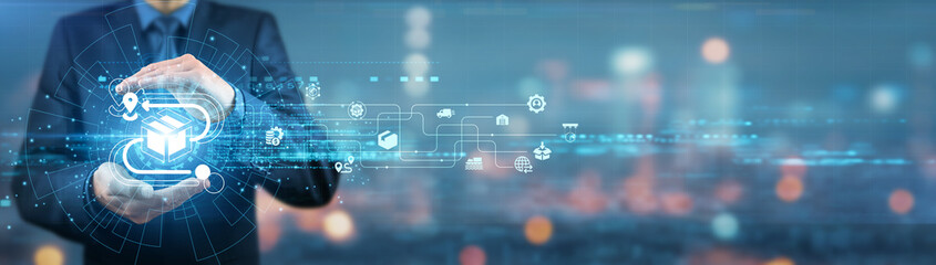 Businessman holding logistics, transportation plans, inventory management system, supply chain...