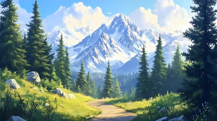 Serene mountain path with tall pines and majestic snow-capped peaks. Majestic Ridge. Illustration