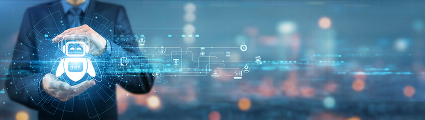 Businessman holding Robotics technology, artificial intelligence tools, automation systems, advanced machinery, futuristic gadgets, intelligent software applications. digital transformation solutions.