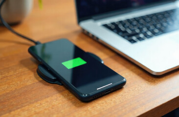 The smartphone lies on a wireless charger on the table near the laptop.