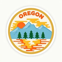 Stylized Oregon Landscape with Mountains and Sun Sticker