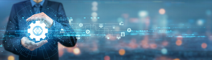 Businessman holding Software Development Project, Strategy, Innovation, Leadership, Expertise,...