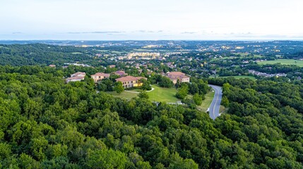 Fototapeta premium Residential houses stand nestled within a dense green forest on a scenic hillside under a bright daytime sky.