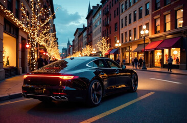 A black business class car stands on a street full of burning garlands in the evening. Expensive vacation concept.