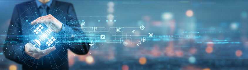 Businessman holding Space Technology innovations, cutting-edge systems, advanced satellites, revolutionary designs, space exploration, aerospace solutions, high-tech equipment, rocket technologies