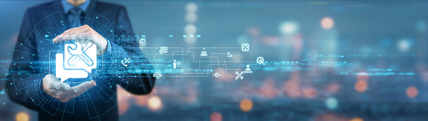Businessman holding technical support services to enhance customer satisfaction and operational...